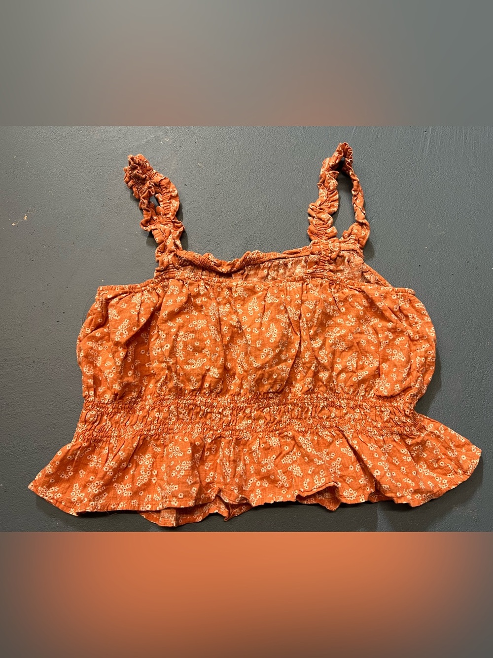 Rust Orange Floral Ruffle Crop Summer Coquette Womens Top M - Picture 2 of 7